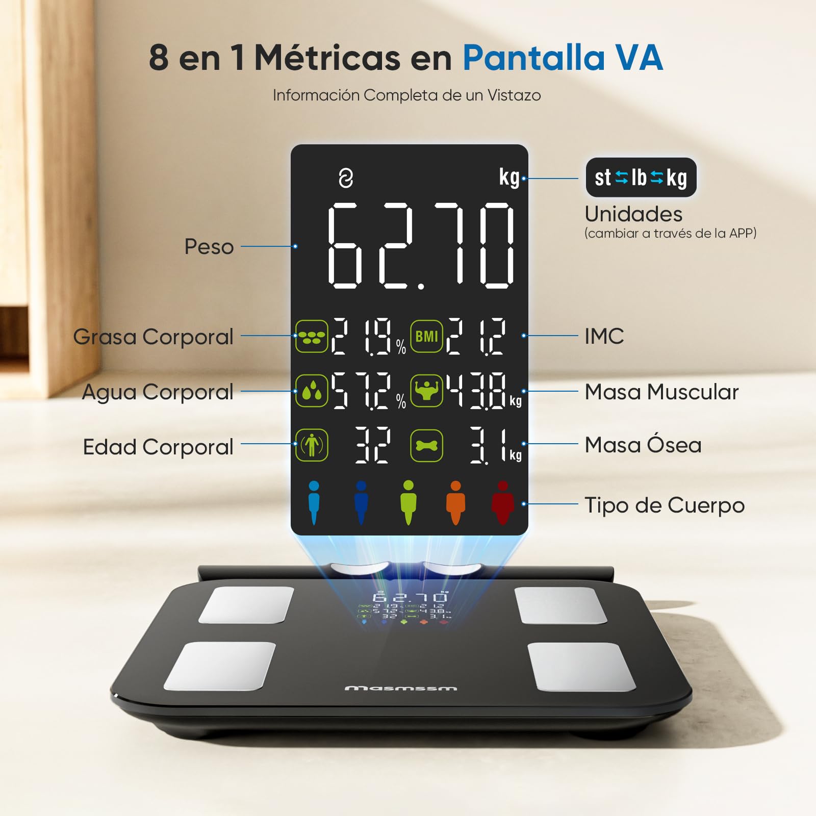 Báscula de Baño Digital 8 Electrodos, Báscula Grasa Corporal Inteligente con Gran Pantalla VA, 28 Métricas, Análisis Corporal BIA Doble Frecuencia, Compatible iOS y Android, 30*30cm, Máx. 180kg/400lb