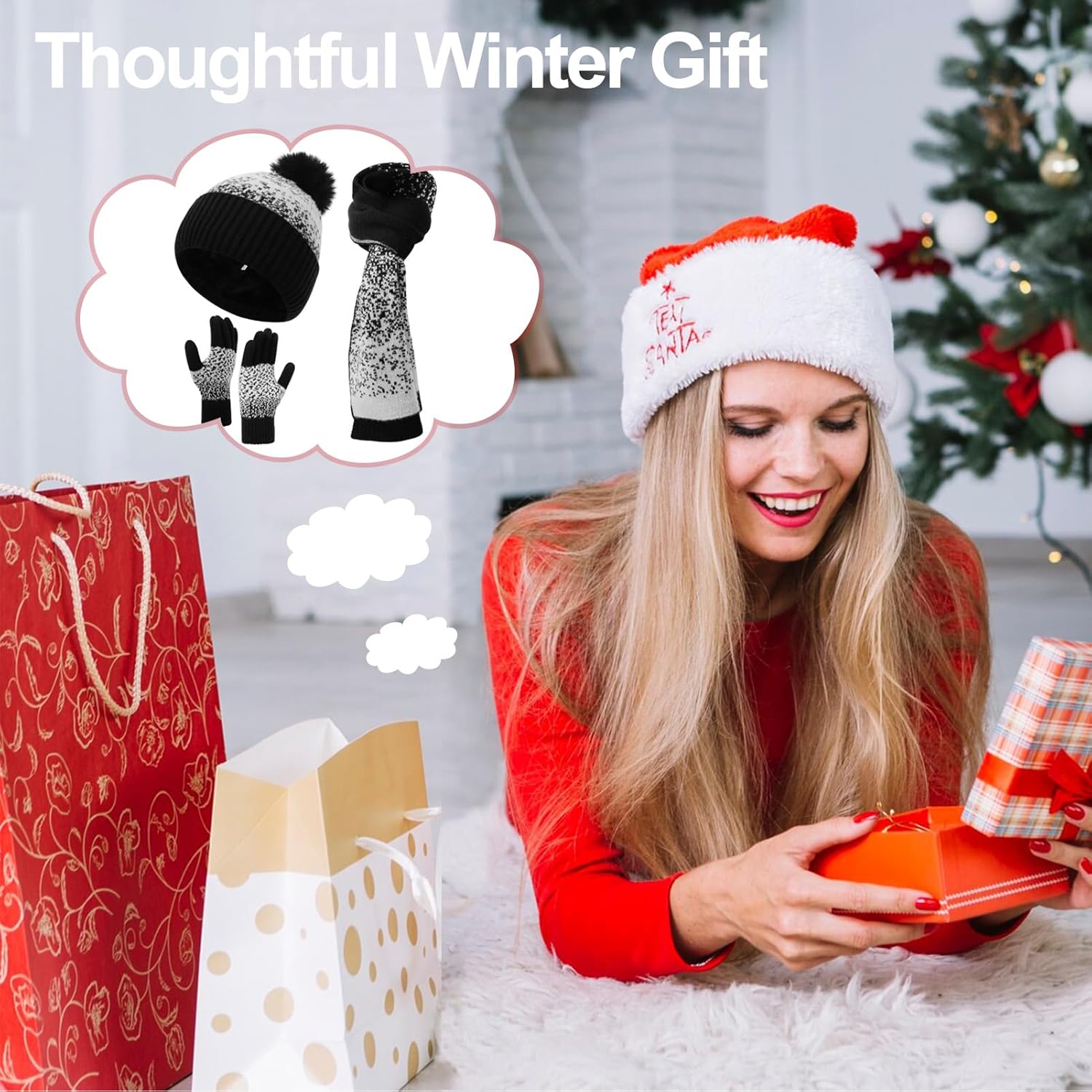 Women Beanie Hat Scarf Gloves Set, Warm Fleece Lined Winter Cap with Pom Pom, Long Knit Scarf Touchscreen Gloves - Image 7