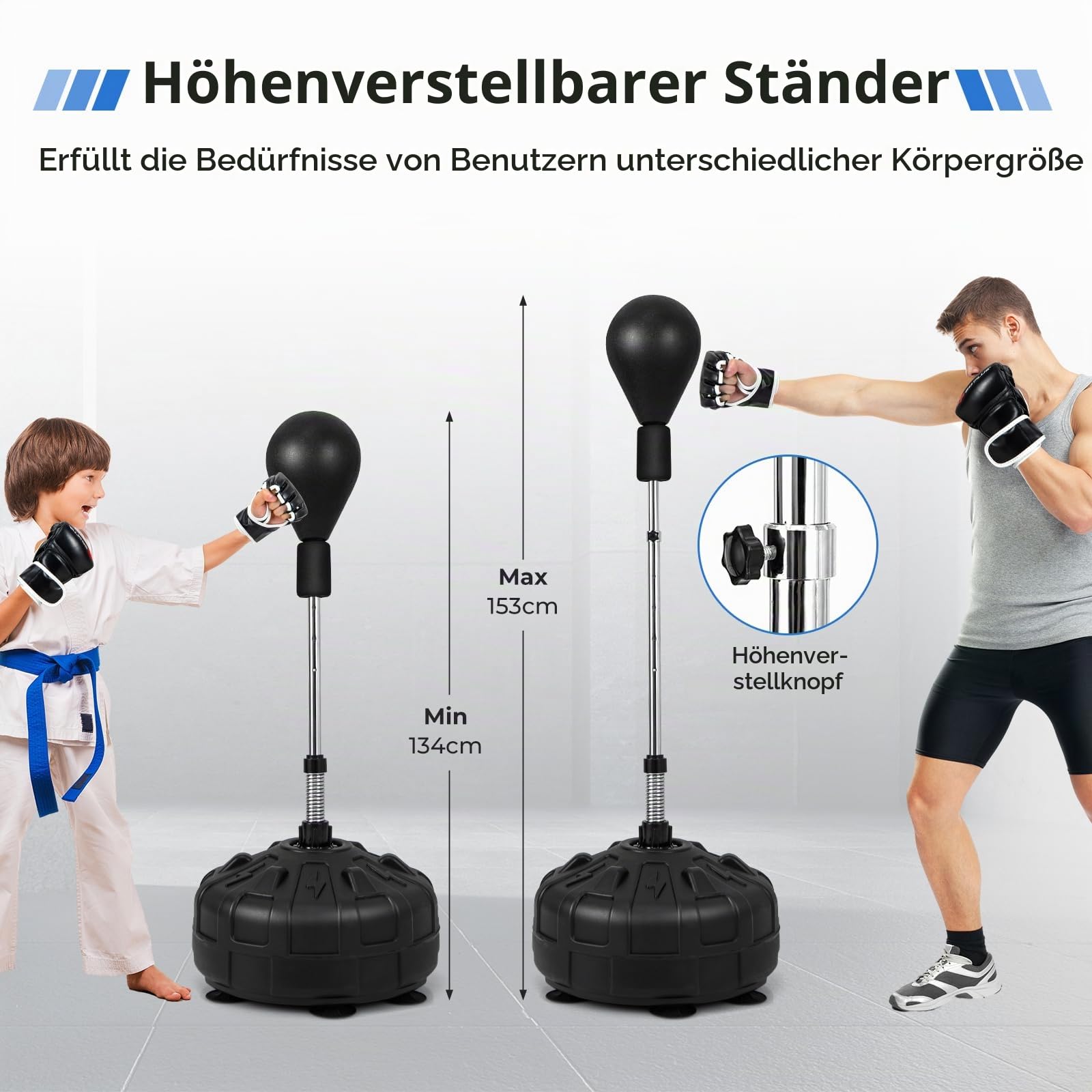 HOMASIS Punchingball mit Ständer, Boxstand 137–156 cm höhenversetllbar, Speedball aus Kunstleder mit befüllbarem Boxsackständer & 6 Saugnäpfen, Standboxball mit Boxhandschuhen für Boxtraining