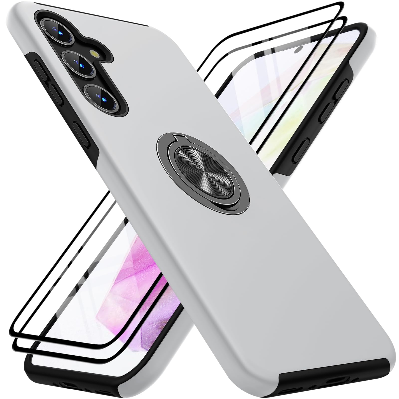 KOVASIA für Samsung Galaxy A35 5G Hülle mit 2 Stück Panzerglas, 360° Drehbarer Ständer, Stoßdämpfende Fallschutz Handyhülle für Samsung A35 5G Schutzhülle, Silber