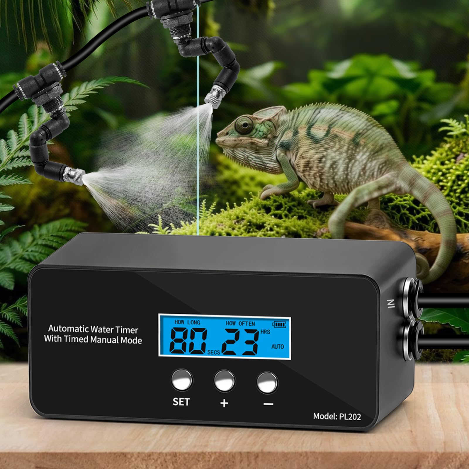 Sistema di nebulizzazione per rettili, nebulizzatore automatico con timer con controller LCD, pompa autoadescante, spray per foresta pluviale fine per terrario, camaleonte, geco e serpente