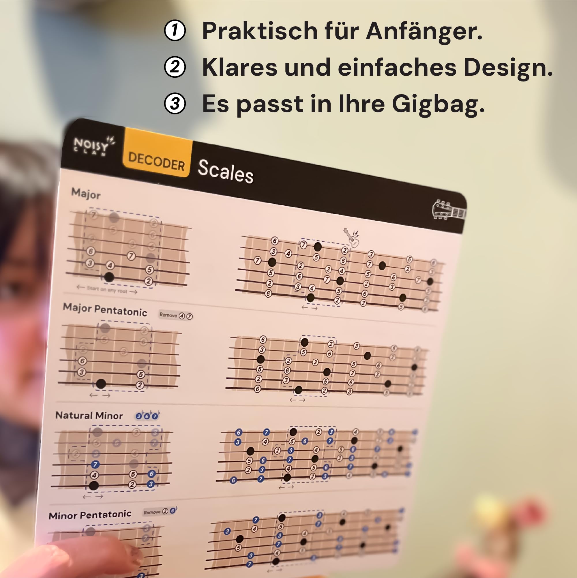 Gitarren-Spickzettel | Decoder Gitarrenakkord-Spickzettel, Hilfe beim Erlernen der Gitarre mit Noten, Musiktheorie-Spickzettel mit Akkorden und Tonleitern 20,3 x 20,3 cm
