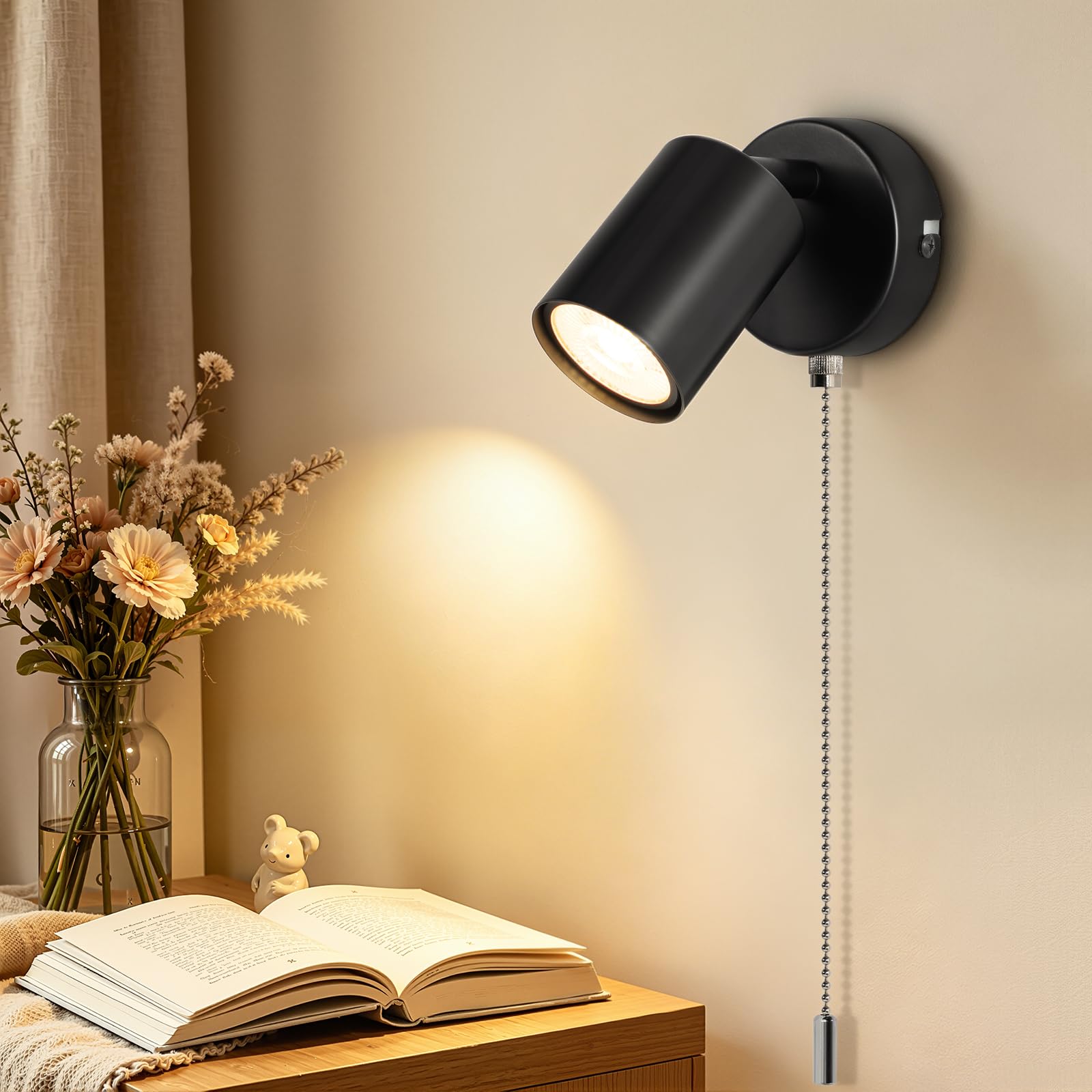 Dehobo Wall Light with Pull Cord Switch GU10, Adjustable Wall Lamp Balck