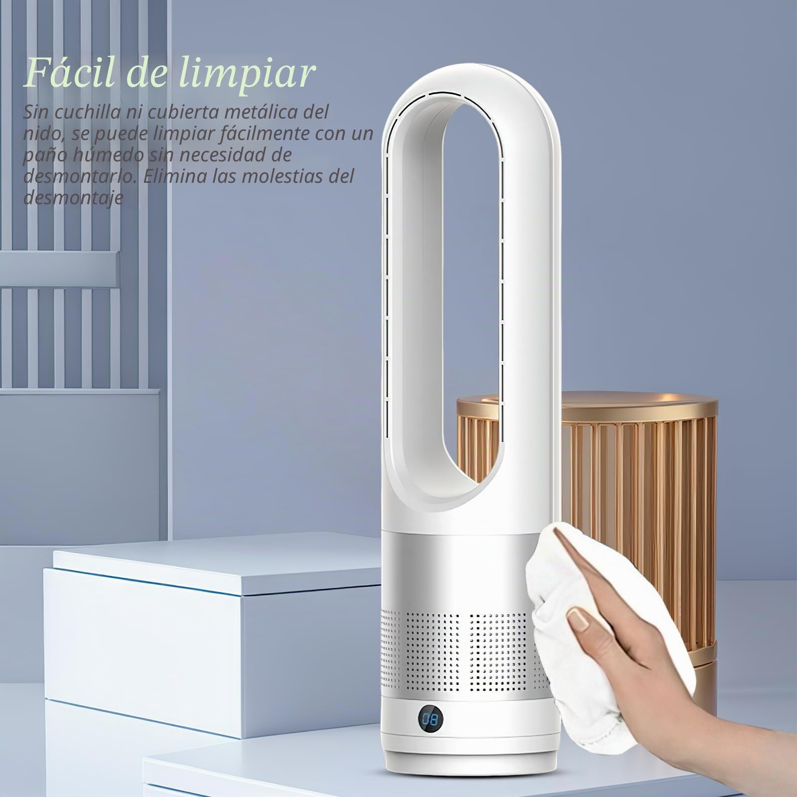 Ventilador de torre silencioso sin aspas – 8 niveles + modo Boost, oscilación de 90°, mando a distancia de 5 m, pantalla táctil LED, funcionamiento silencioso ≤ 50 dB, temporizador 8 h para