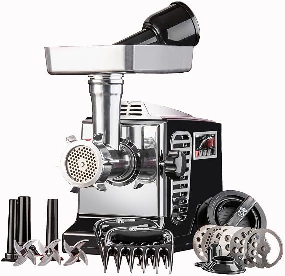 STX Turboforce II Platinum Heavy Duty Electric Meat Grinder & Sausage Stuffer: 6 Grinding Plates, 3 S/S Blades, 3 Sausage Tubes, Kubbe, 2 Meat Claws, Burger-Slider Patty Maker - Black