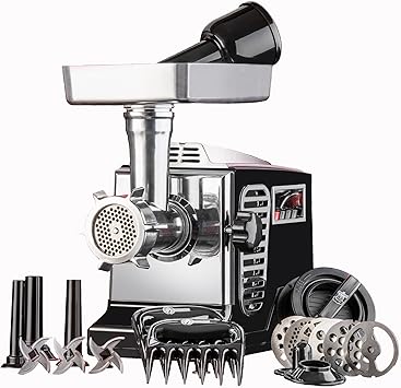 STX Turboforce II Platinum Heavy Duty Electric Meat Grinder & Sausage Stuffer: 6 Grinding Plates, 3 S/S Blades, 3 Sausage Tubes, Kubbe, 2 Meat Claws, Burger-Slider Patty Maker - Black