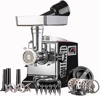STX Turboforce II "Platinum" Heavy Duty Electric Meat Grinder & Sausage Stuffer: 6 Grinding Plates, 3 S/S Blades, 3 Sausage Tubes, Kubbe, 2 Meat Claws, Burger-Slider Patty Maker - Black