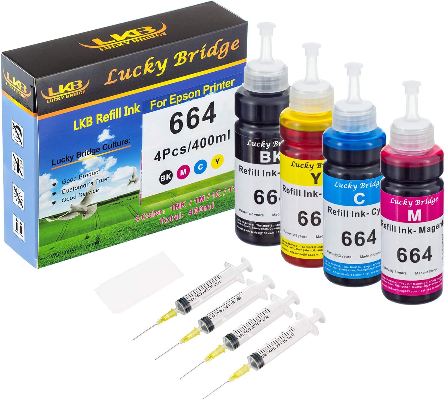 FVLFIL LKB 400ml (4x100ml) Compatible Refill Ink Replacement for Epsson 664 T664 (1 BK / 1C / 1M / 1 Y, 4PK, Dye Ink for EPS Printers)-US