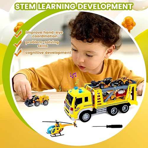 Miniatura 3 de LovesTown Camión de construcción de juguetes para niños mayores de 3 años, juguetes educativos de aprendizaje STEM con luces y sonidos, juego de