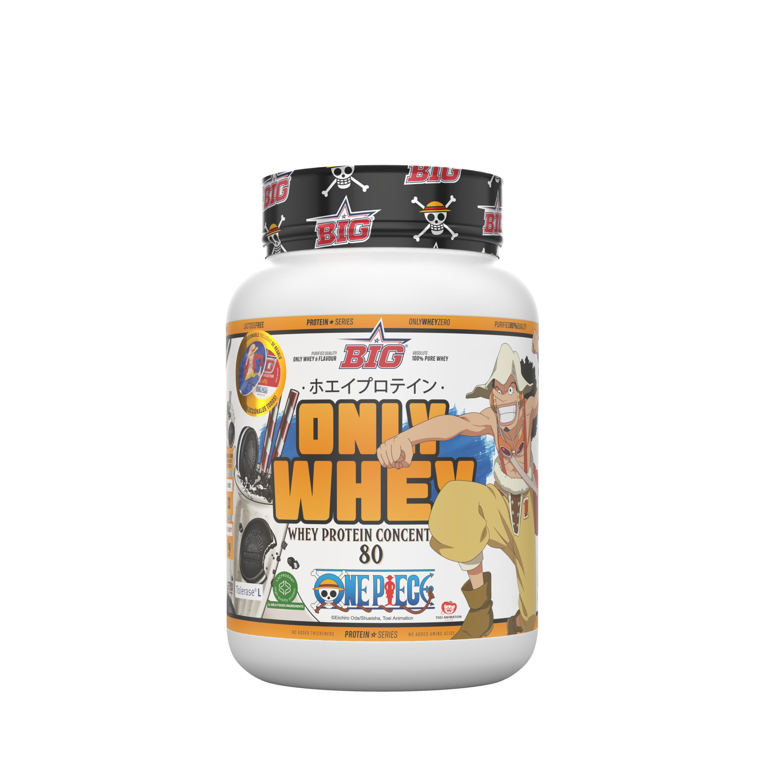BIG - Proteinas Whey ONE PIECE - Edición Exclusiva con 12 Tazos Coleccionables. Materia Prima Premium. Whey Protein para Masa Muscular. Sin Lactosa (1Kg, Cookies & Cream & Blackmax cookie powder)
