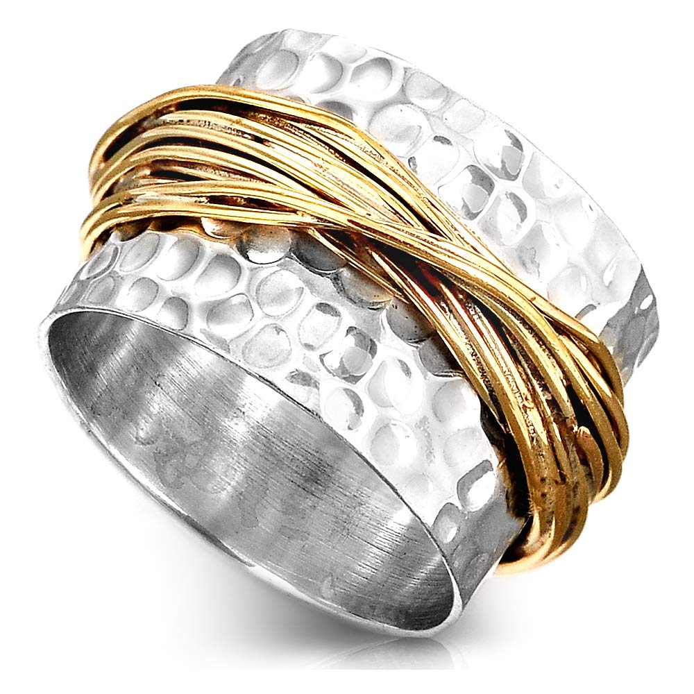 Boho-Magic925 Sterling Silver Band Ring for Women with Brass Wrap Wide Statement Ring
