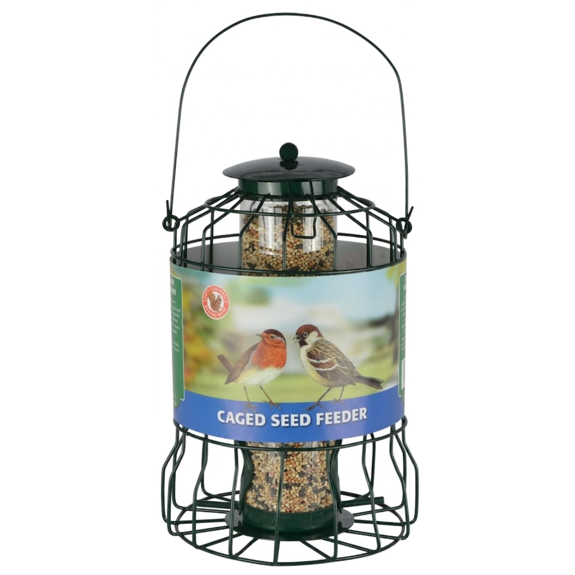 Caged Wild Bird Seed Feeder – Squirrel Resistant Powder Coated Steel Cage with Inner Tube & Flip Top Lid, Deters Squirrel and Large Birds – Small Bird Garden Feeder