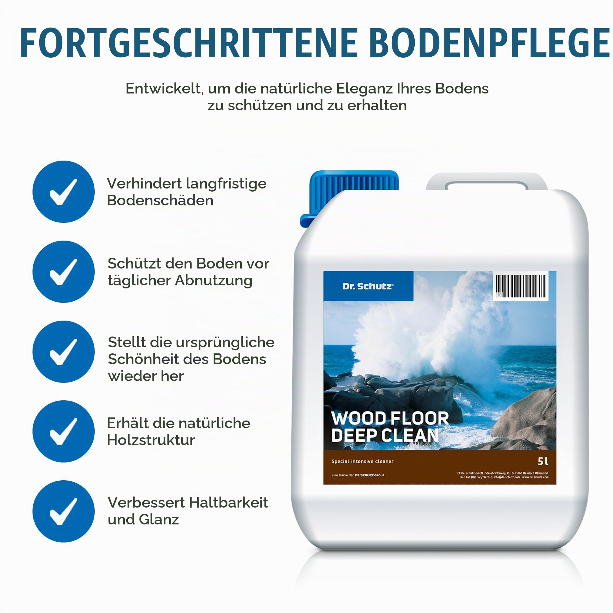 Dr. Schutz Intensivreiniger 5 L für Parkett & Kork | Parkettreiniger löst hartnäckigen Schmutz und Fettflecken von versiegelten, geölten, gewachsten Böden | Holzboden Reiniger | Parkett Reinigung