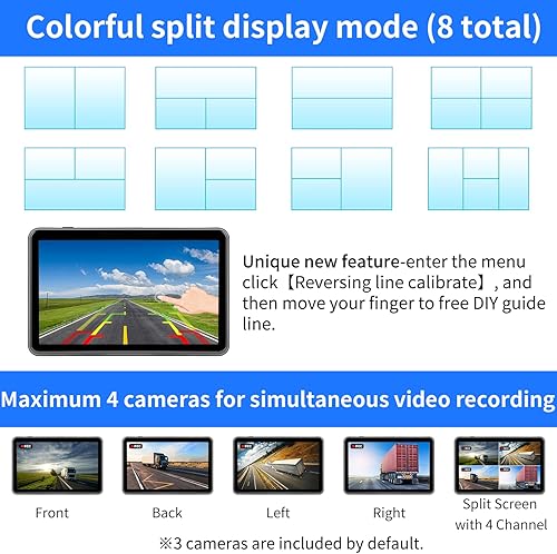 Miniatura 3 de Sistema de cámara de respaldo con cable de 10.1 pulgadas con monitor de pantalla táctil para camión, caravana, autobús, remolque, 3 retrovisiones
