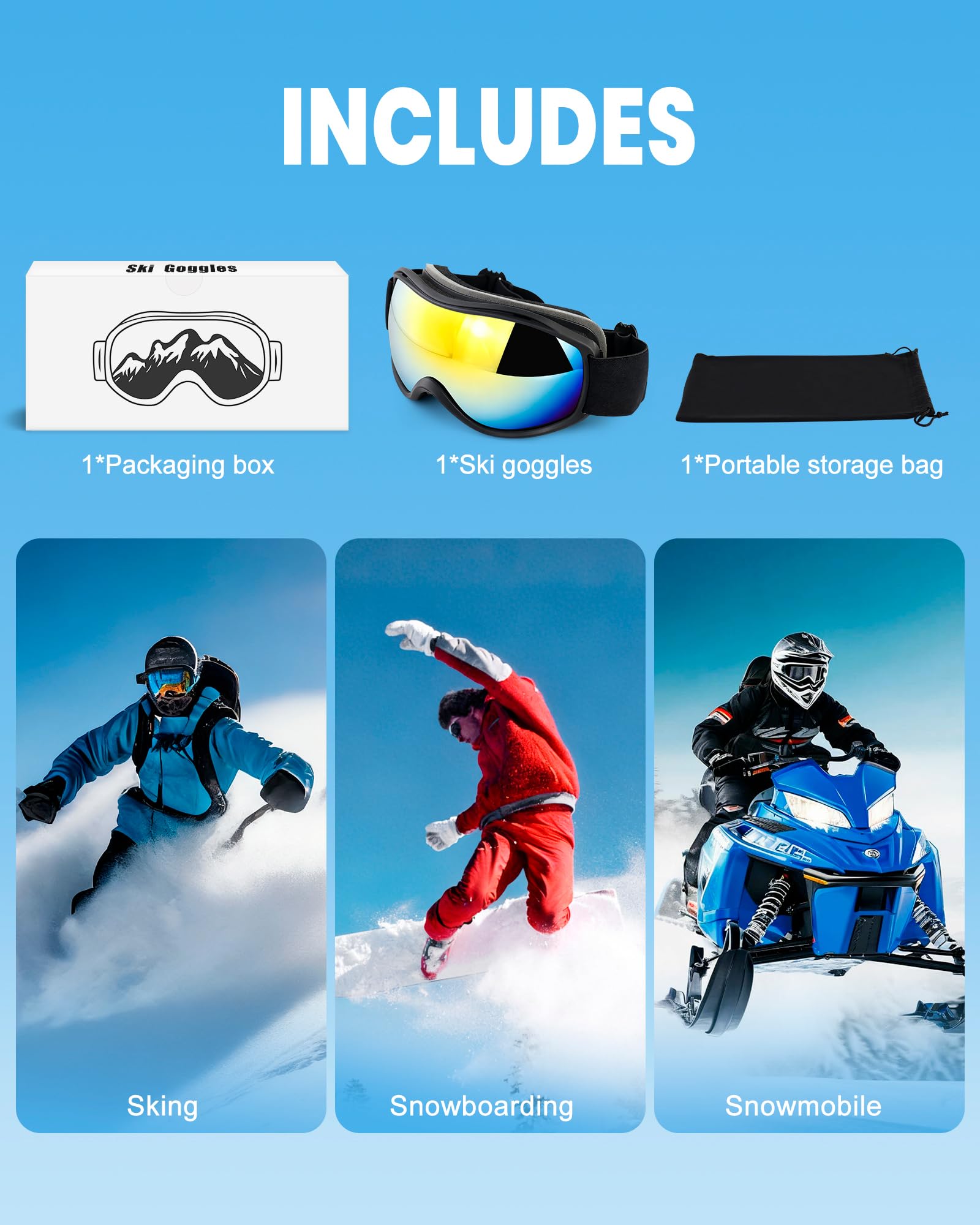 AVV Gogle narciarskie ochrona przed promieniowaniem UV, przeciwmgielne gogle snowboardowe OTG dla mężczyzn kobiet dorosłych i młodzieży