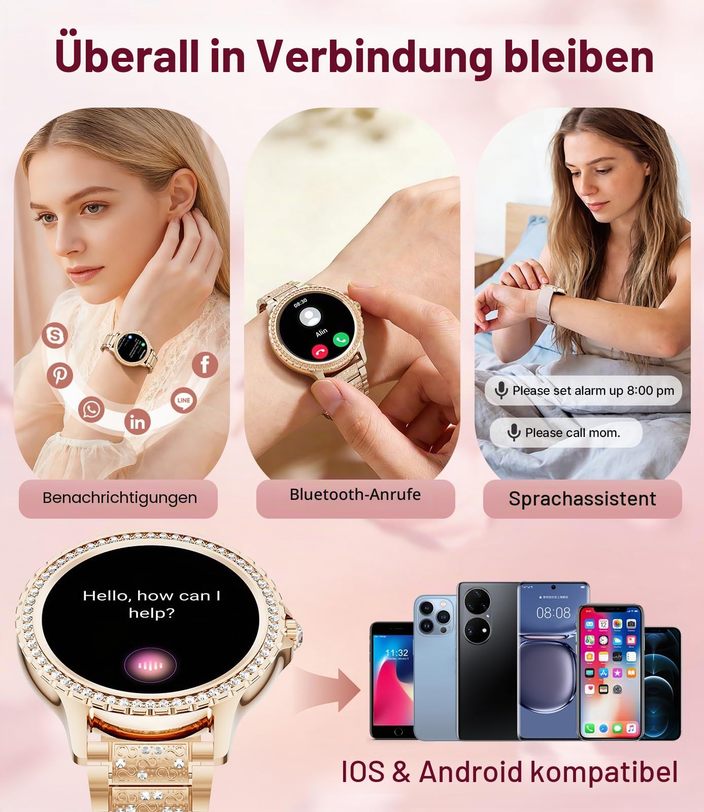 LIGE Smartwatch Damen Bluetooth Anrufe für Android iOS Smart Watch Damen 100+ Sport Activity Tracker 1,32" HD Touch Screen Herzfrequenz Schlaf Monitor Diamant Rosegold Stahl Frauen Smartwatch
