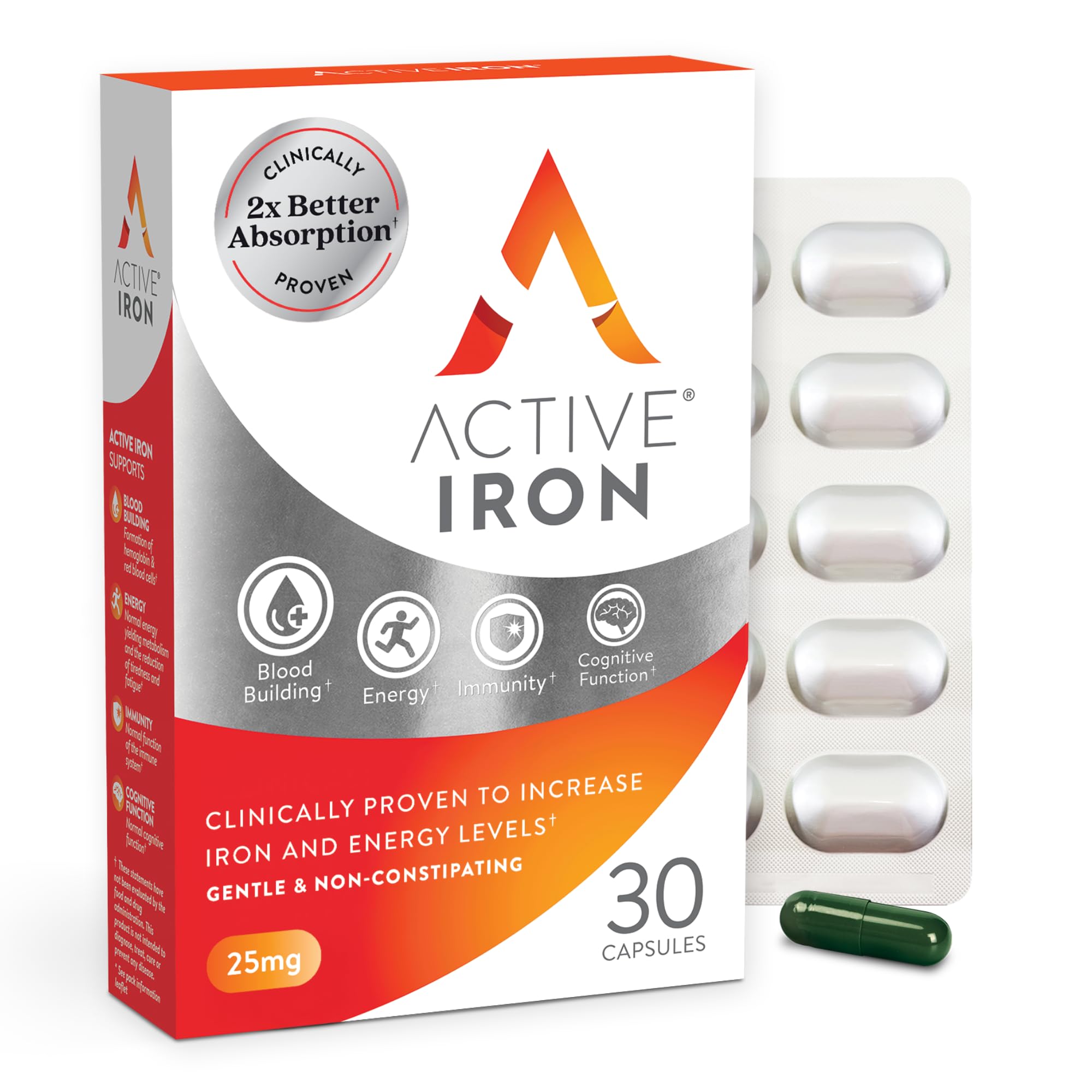 Active Iron Supplement 25mg – Clinically Proven to Increase Iron & Energy Levels – Gentle, Non-Constipating, Highly Absorbed – 30 Capsules