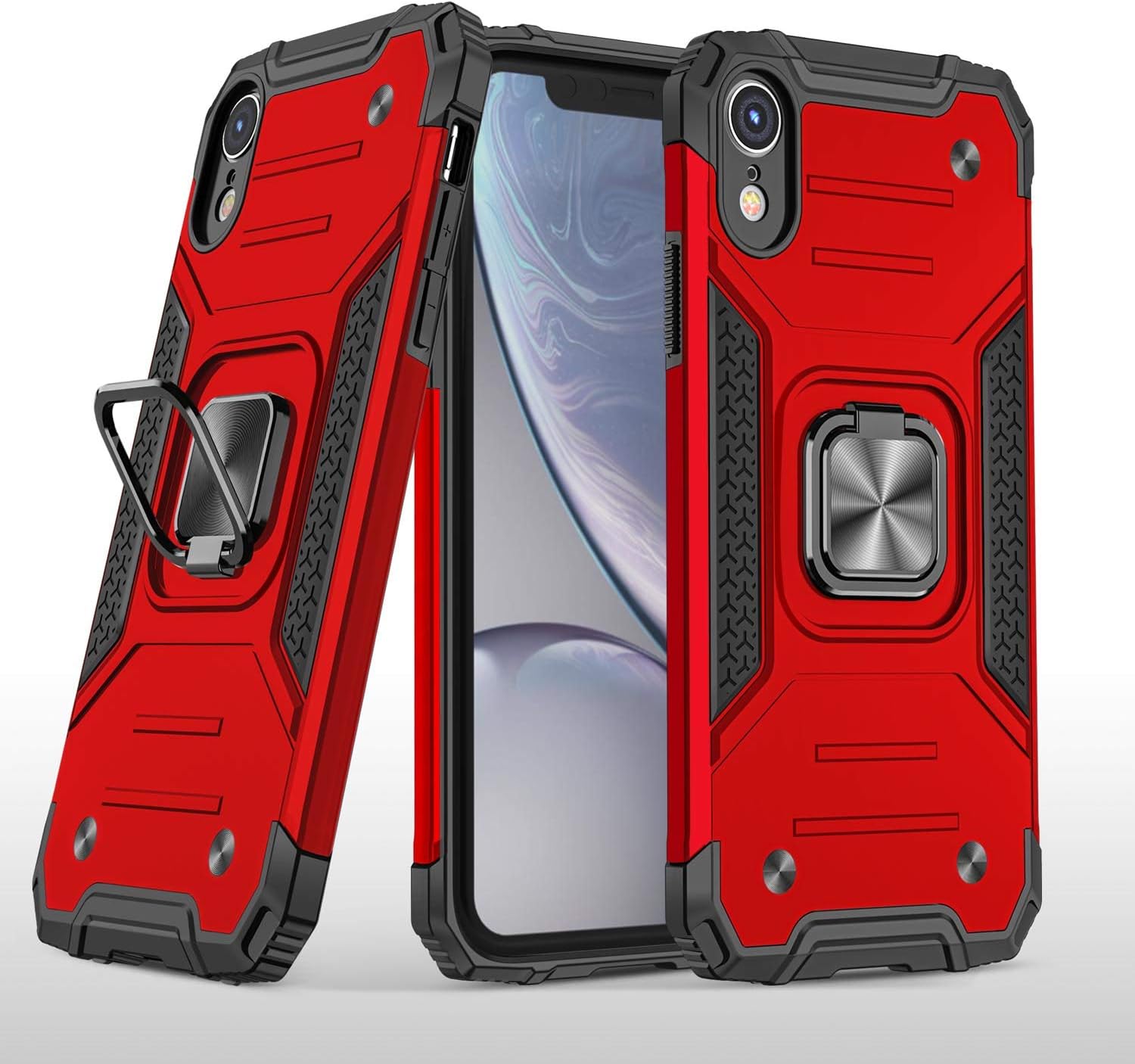 Compatible with iPhone XR Case, Heavy Duty Case with Magnetic Car Mount Kickstand Armor Anti-Scratch Bracket Cover for iPhone XR, Red