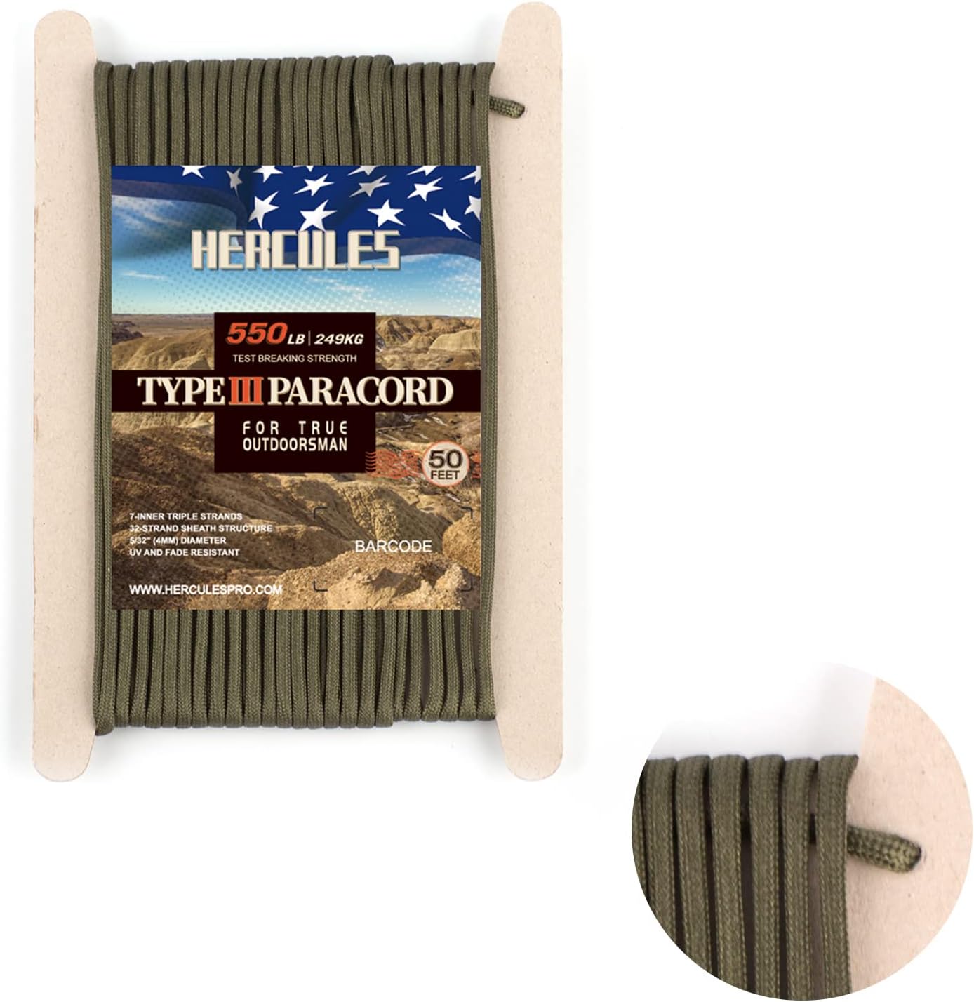 HERCULES Para Cord Guy Rope, Camping Rope, Tent Rope, Outdoor Use, Load Capacity 550.1 lbs (250 kg), 7 Cores, Army Green, 33.1 ft (15 m)