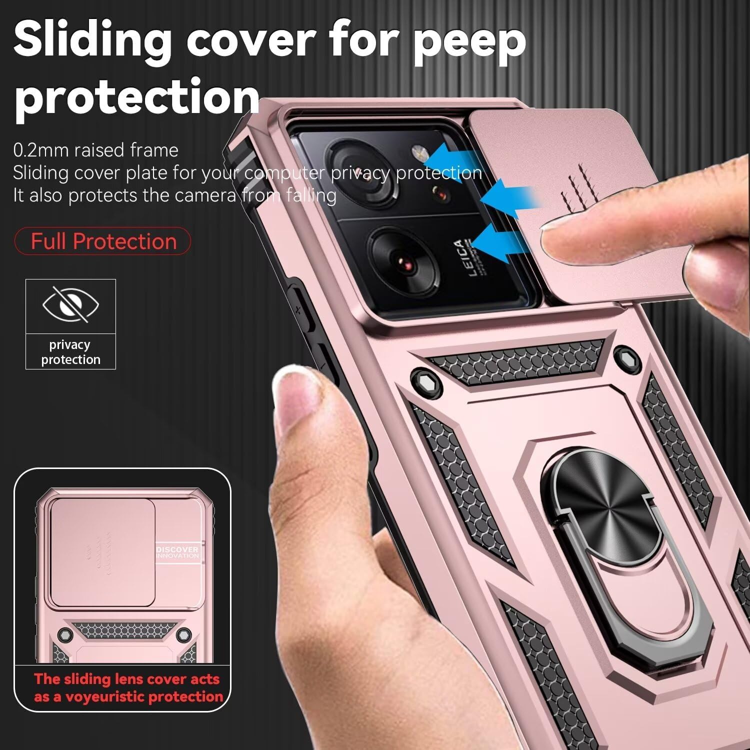 for Xiaomi 13T Case, Xiaomi 13T Pro/Redmi K60 Ultra Case with Tempered Glass Screen Protector and Slide Camera Cover, Magnetic Ring Car Mount Holder Protective Cover for Xiaomi 13T Rose Gold - Image 2