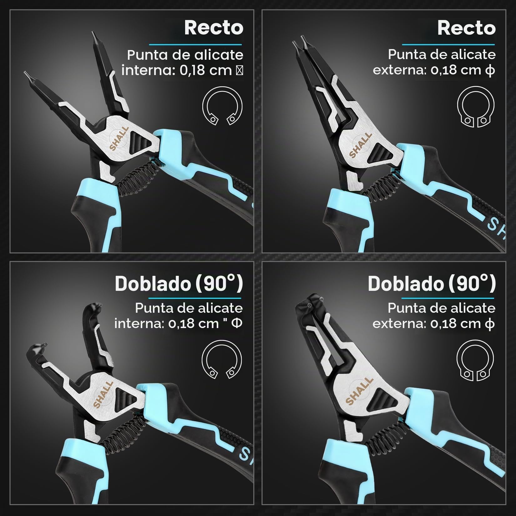 SHALL Juego de Alicates para Anillos de Seguridad, 4 Piezas, 7 Pulgadas para Anillos Internos y Externos