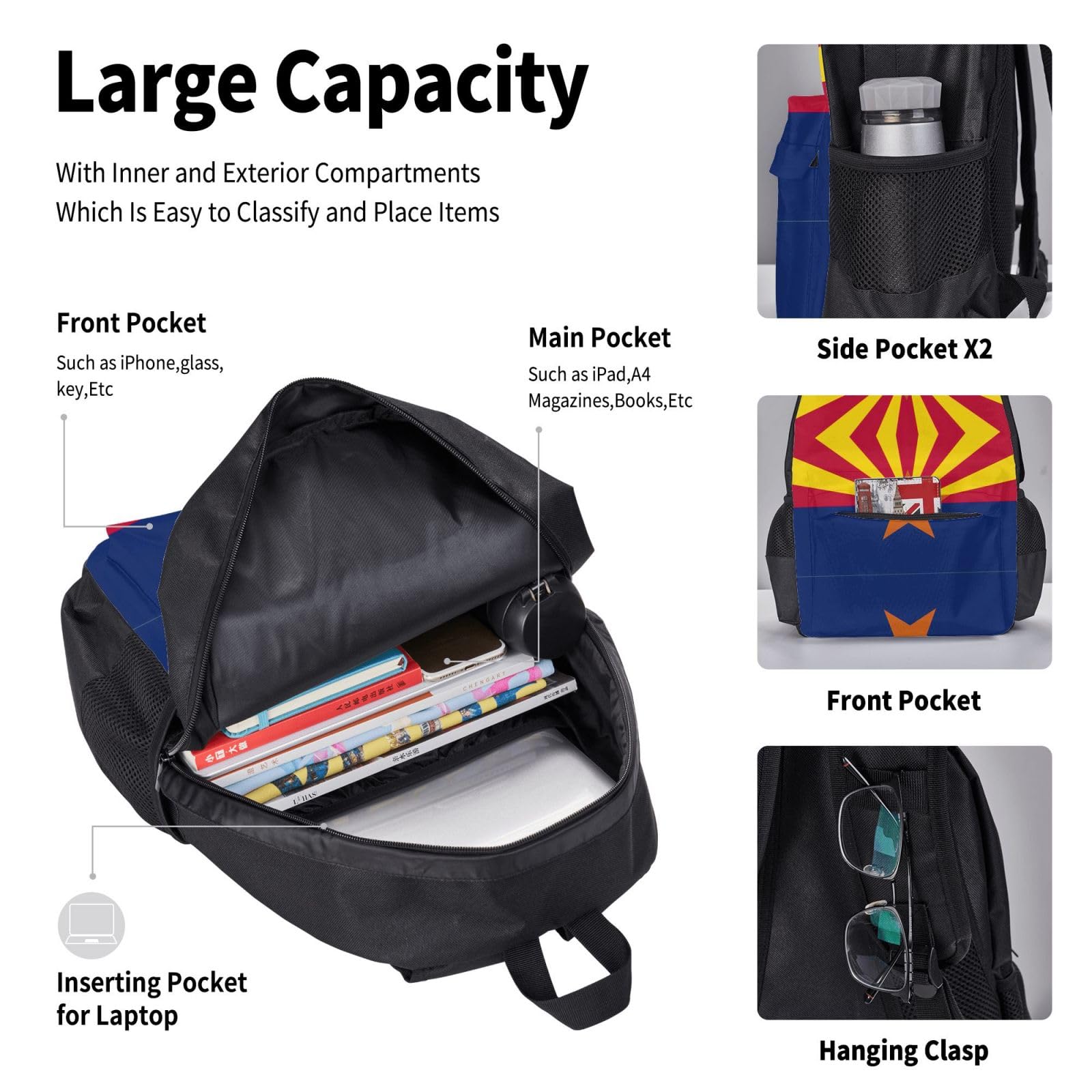 Juego de 3 mochilas escolares con estampado de bandera de Arizona, mochila para laptop resistente al agua de gran capacidad con bolsa de almuerzo aislada y estuche para lápices para