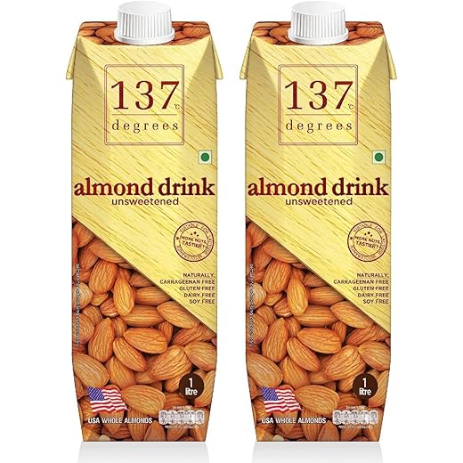 137 Degrees Unsweetened Almond Drink, Gluten Free, Dairy Free, Made with USA Almonds Each 1 Litre (Pack Of 2)