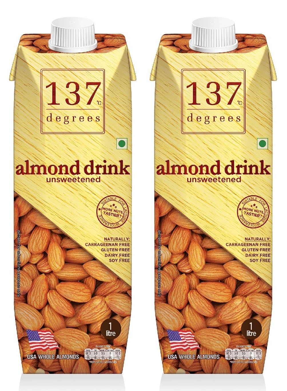 137 Degrees Unsweetened Almond Drink, Gluten Free, Dairy Free, Made with USA Almonds Each 1 Litre (Pack Of 2)