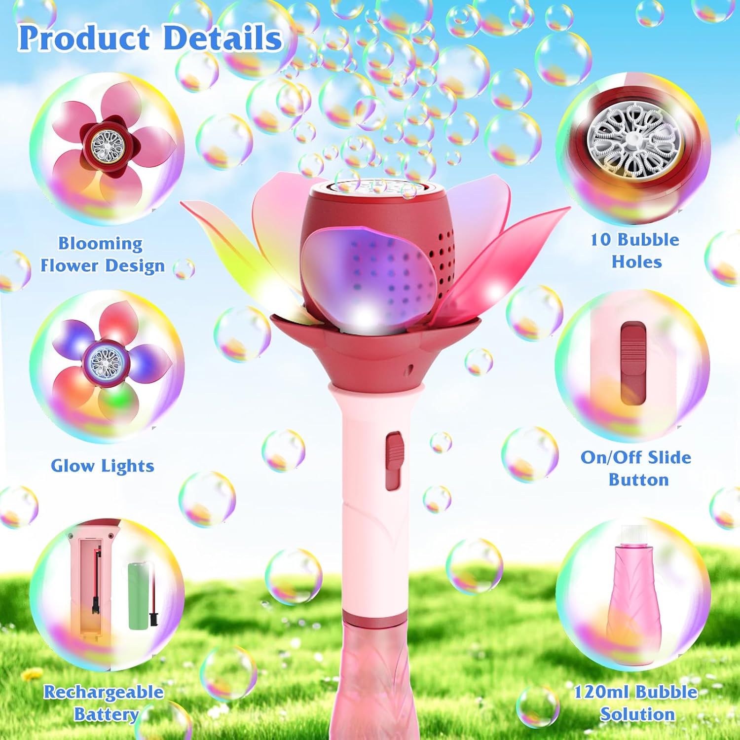 Panamalar Electric Bubble Wand for Kids, Light Up Automatic Bubble Machine Blower with Lights/10000+ Bubbles/120ml Solution, Rechargeable Flower Bubble Wand Maker Toys for Outdoor Party Wedding