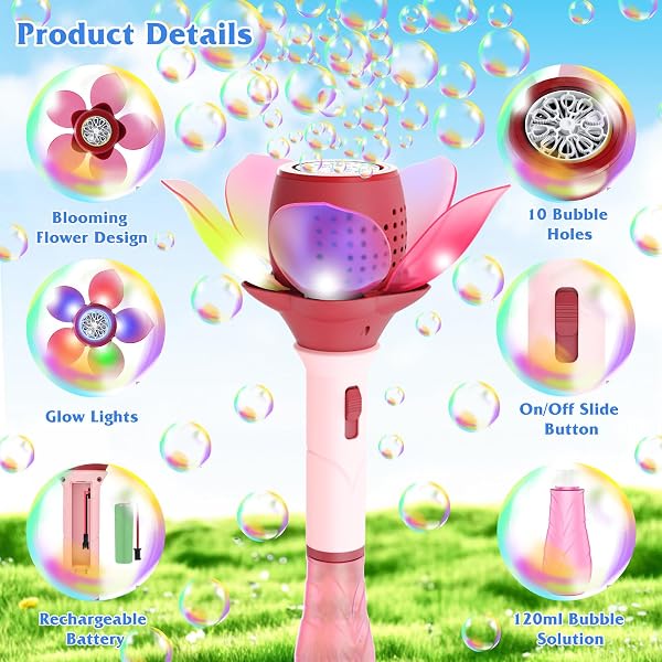 Baguette à Bulles Fleur Électrique pour Enfants, Machine à Bulles Automatique avec Lumières/Piles/120ml Solution,10000+ Bulles/Min Jouet à Bulles Portable pour Fêtes en Plein air Mariages-Rose - 5