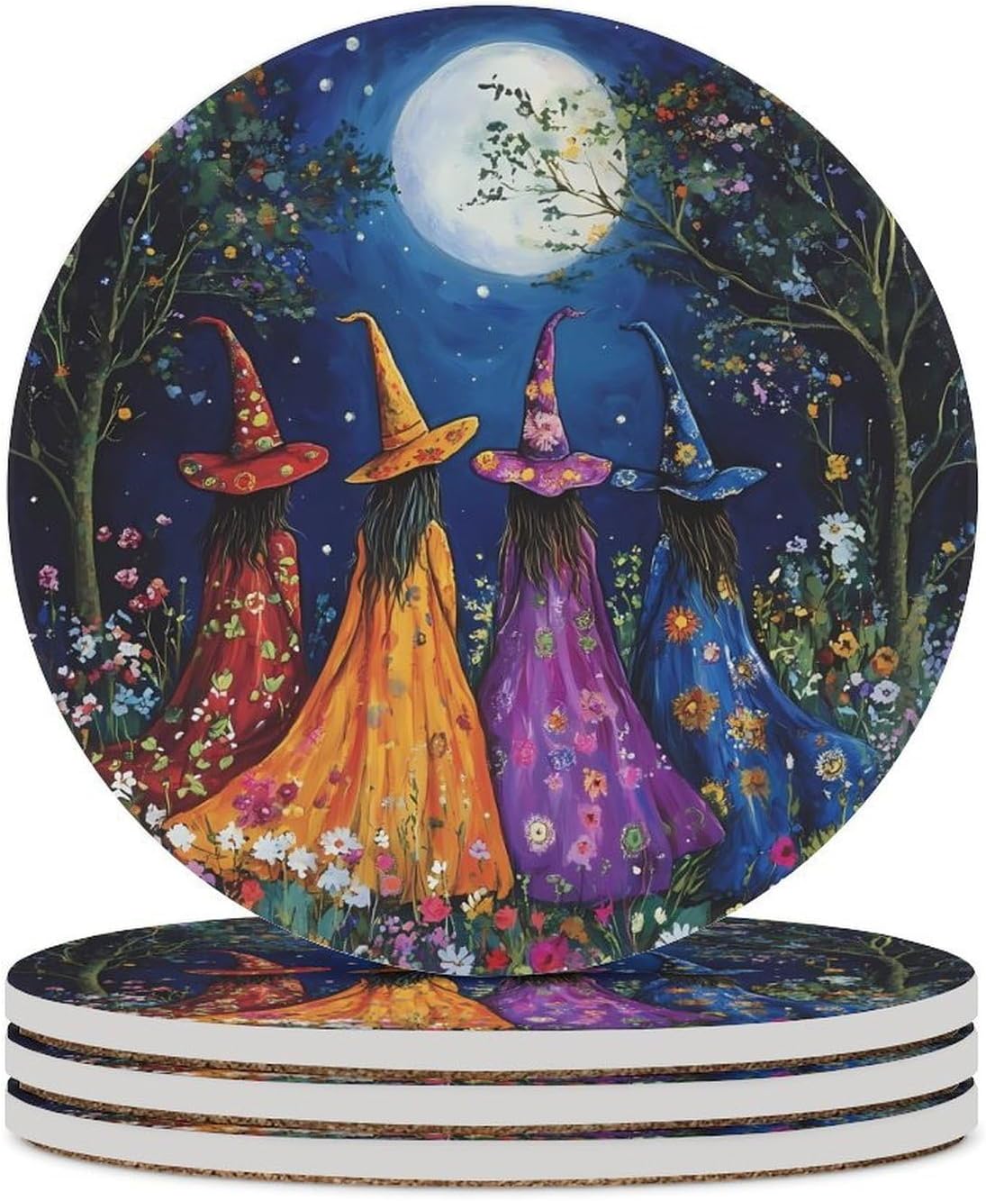 Witches in Moon Round Ceramic Coasters for Drinks Absorbent Cup Holder Tabletop Protector with Cork Base