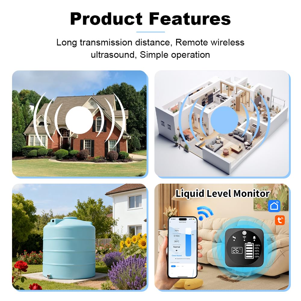 WLAN Ultraschallsensor mit Display, Zisterne Wassertank Sensor 0,1–5 m Wassermelder App-Steuerung via Tuya, IP65 Flüssigkeit Öltanks Ölstand Überwachung Sensor Controller Alarm-Anzeige