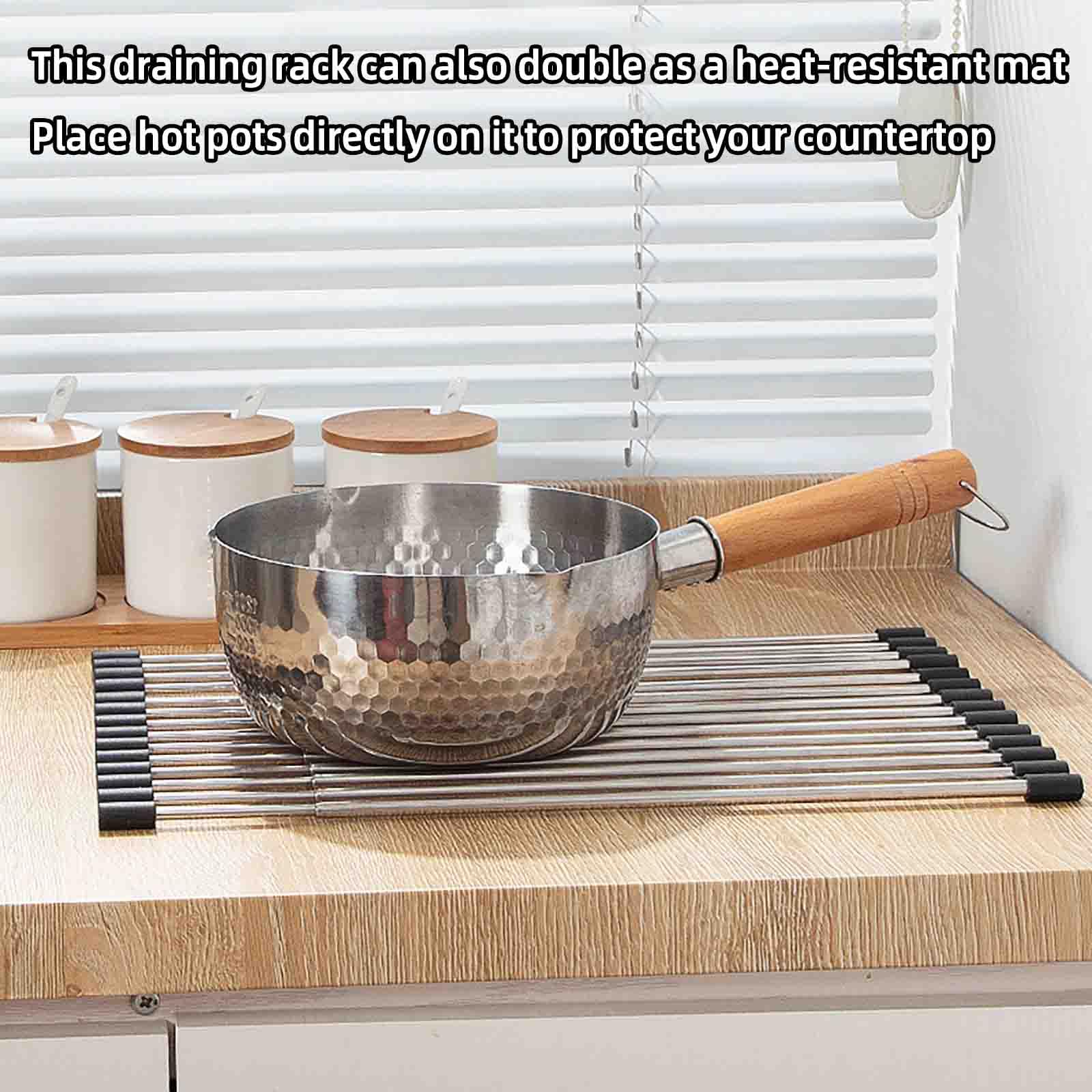 JUSHZ Scolapiatti Da Appoggio Scolapiatti Da Lavello Piattaia Pieghevole Colapiatti Portapiatti Acciaio Inox Piccolo Griglia Avvolgibile Da Appoggio Sopra Il Lavello Retrattile (Silver,37–60x38cm)