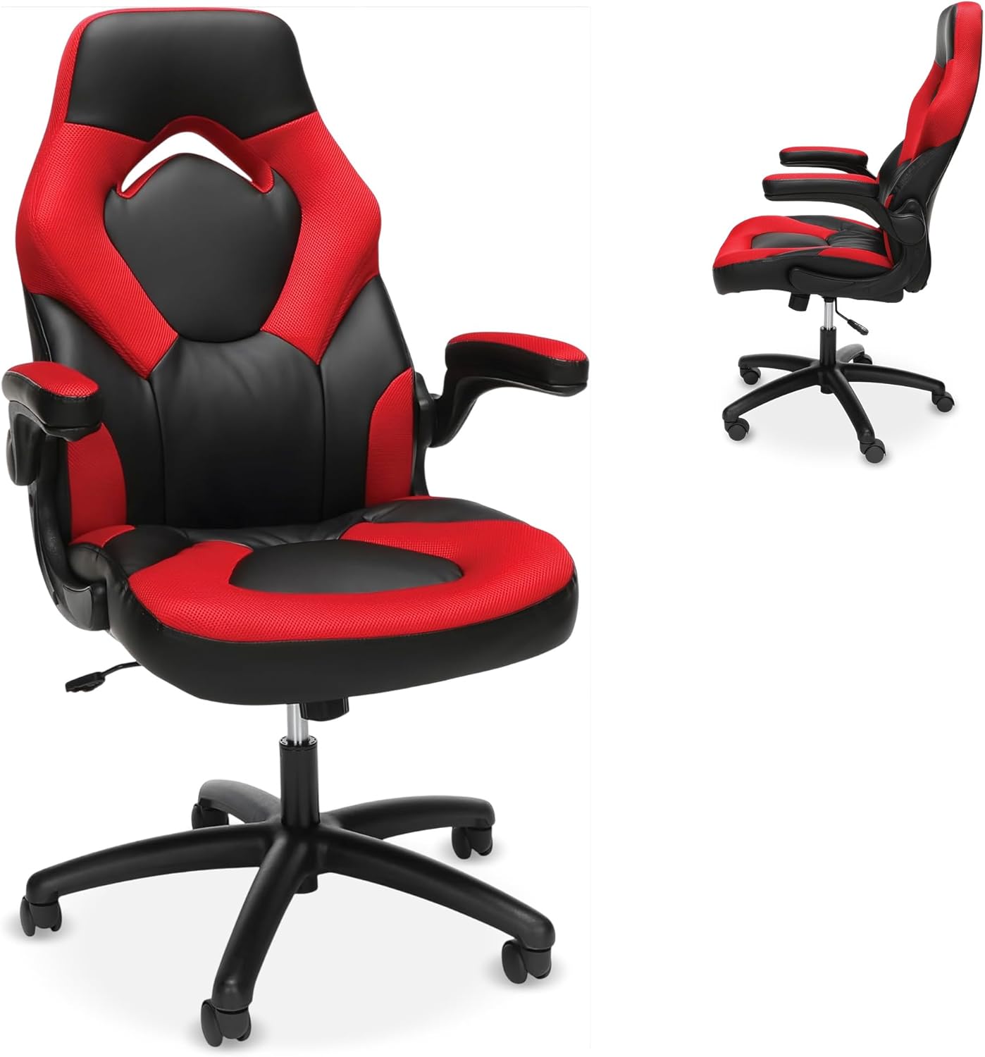 RESPAWN 3085 Ergonomic Gaming Chair for Adults, High Back Office Chair with Headrest and Flip Up Arms, Leather Racing Style Gaming Seat with Lumbar Support, Video Game Computer Desk Seat - Red