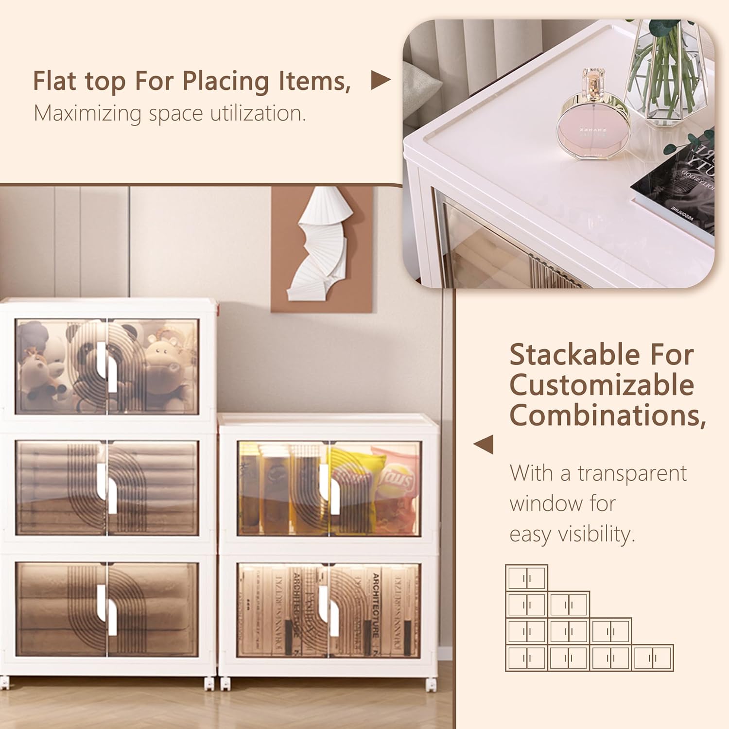 Kozyard Foldable Storage Bins with Lids Stackable Storage Bins with Doors and Wheels Magnetic Dual-Opening Doors Storage Containers for Bedroom, Living Room, Closet, Laundry (White-3Pack)