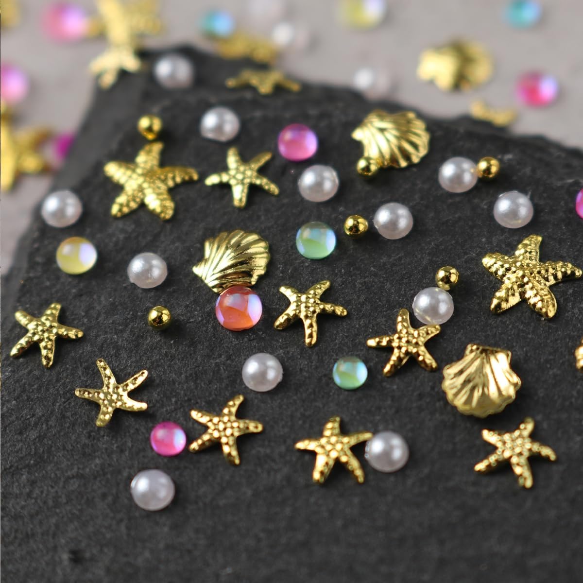 300Pcs Starfish Nail Charms and Gems 3D Starfish Seashell Nail Rhinestones Summer Beach Ocean Style Nail Rivets Flat Back Pearl Nail Jewelry Ocean Theme Designs Nail Supplies for Women Manicure DIY