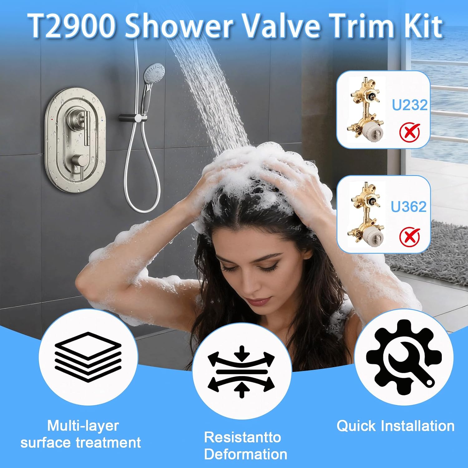 T2900BN Brushed Nickel Shower Handle, 3-Function Transfer Valve Shower Trim Kit, Compatible with Moen T2900BN Gibson Posi-Temp Series, Fits 2521, 2551, 2571, 2581 Rough-In Valve (Valve Not Included)