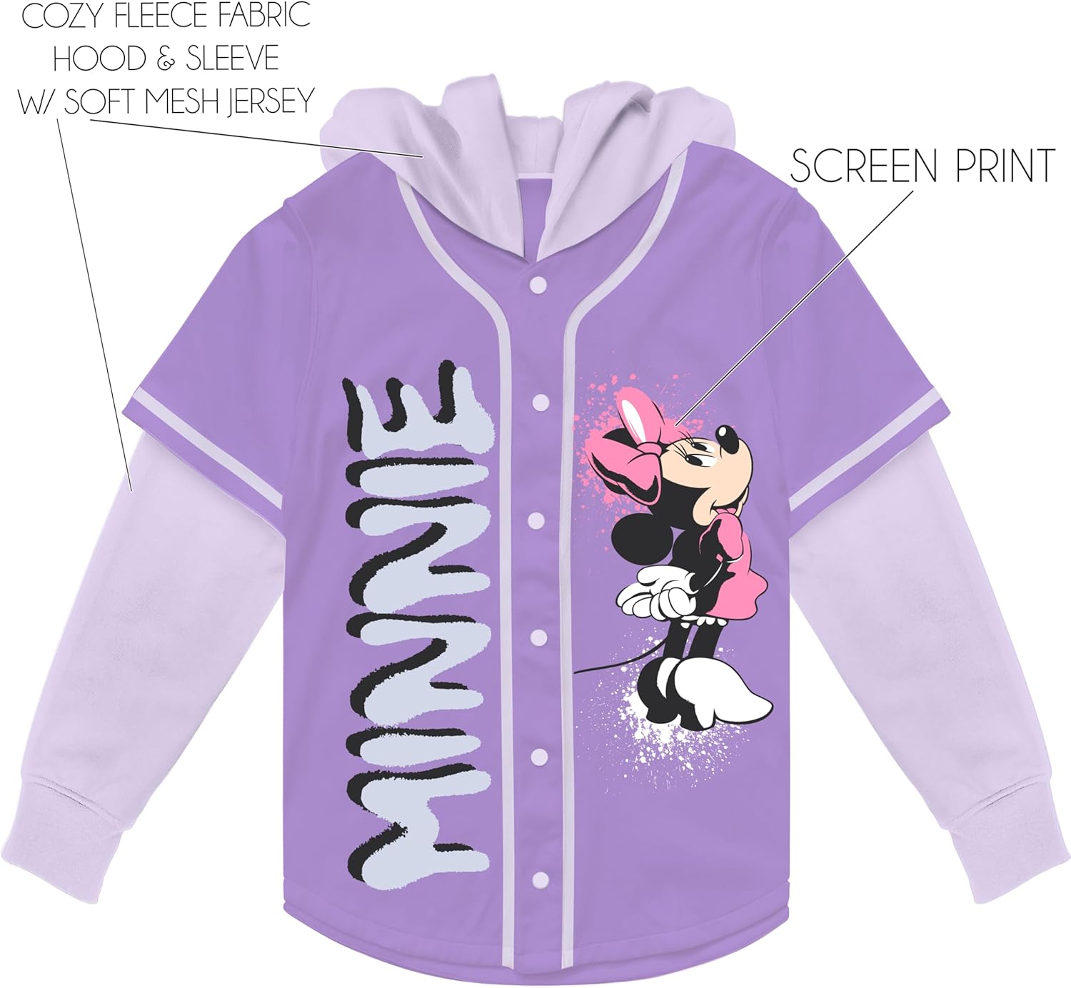 Disney Girls Disney Minnie Mouse Girls 4-16 Hooded Baseball Jersey with Long Sleeve Twofer