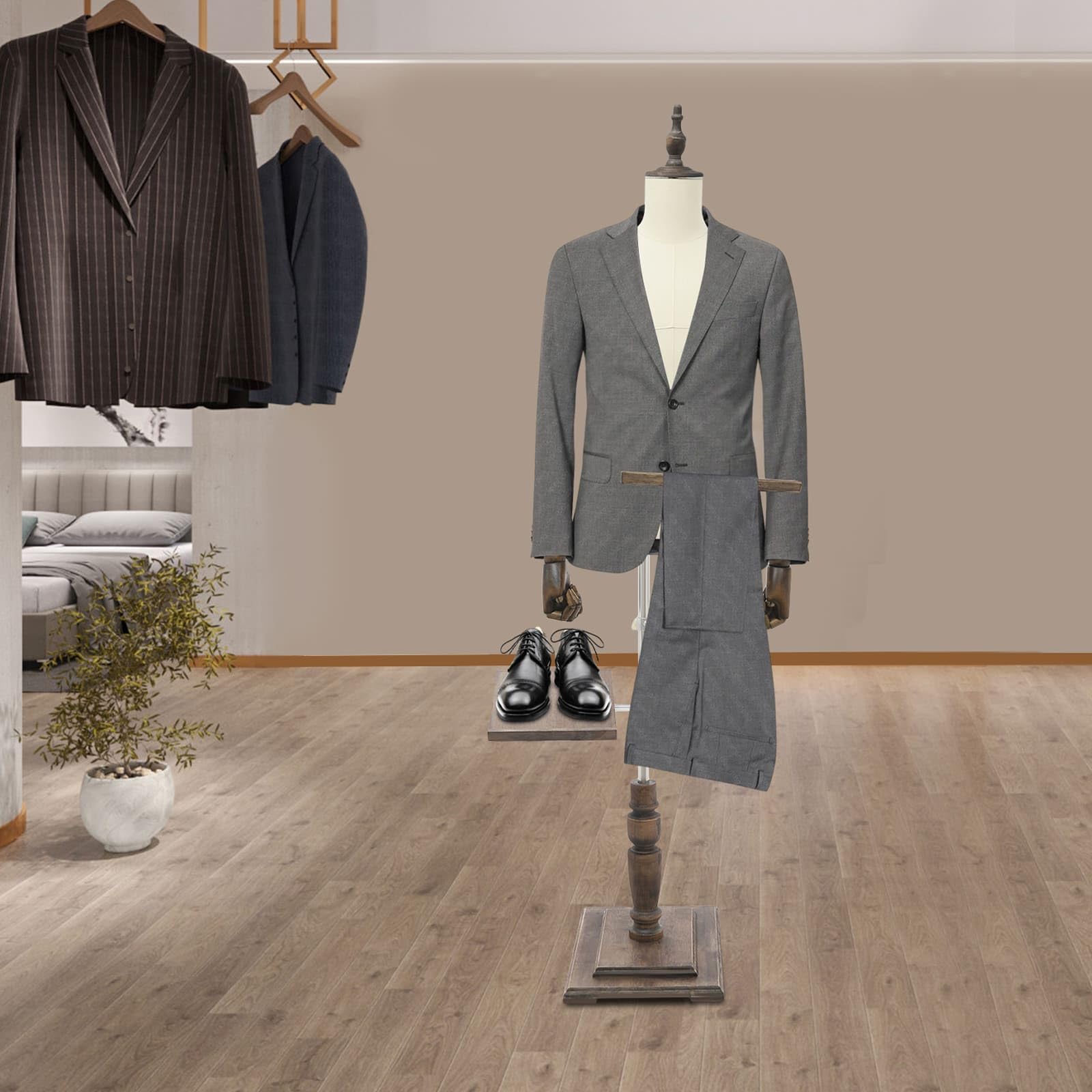 Mannequin de Couture Homme Réglable 135–180 cm, Porte-Pantalon et Support à Chaussures, Socle Stable en Bois, Buste Autoportant pour Boutiques et Vitrines (Beige, Standard)