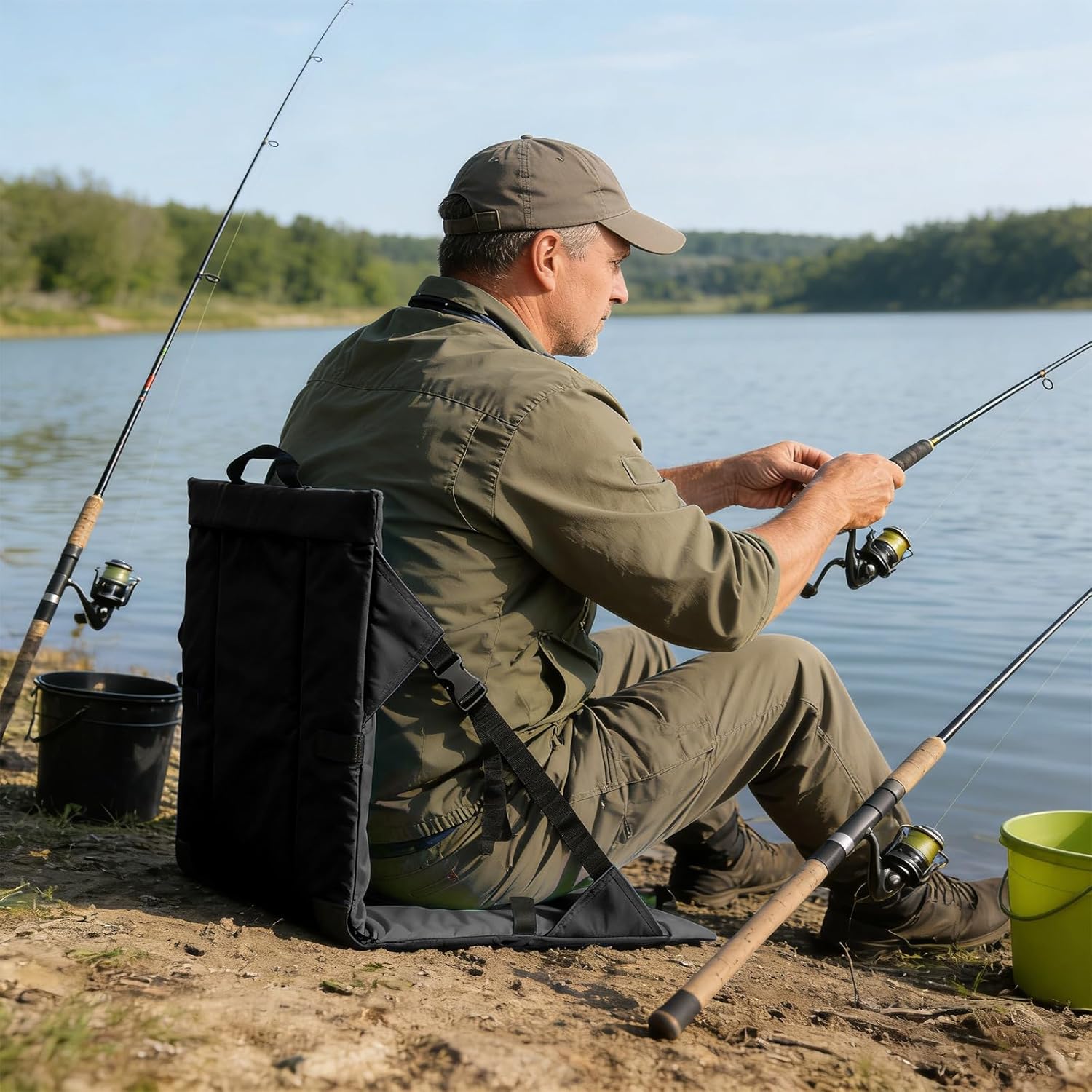 Folding Stadium Seat Cushion with Backrest, Portable Bleacher Pad for Camping, Fishing,15.8'' x 16.5'',Lightweight Chair with Backrest for Outdoor Sports and Concerts (Black)