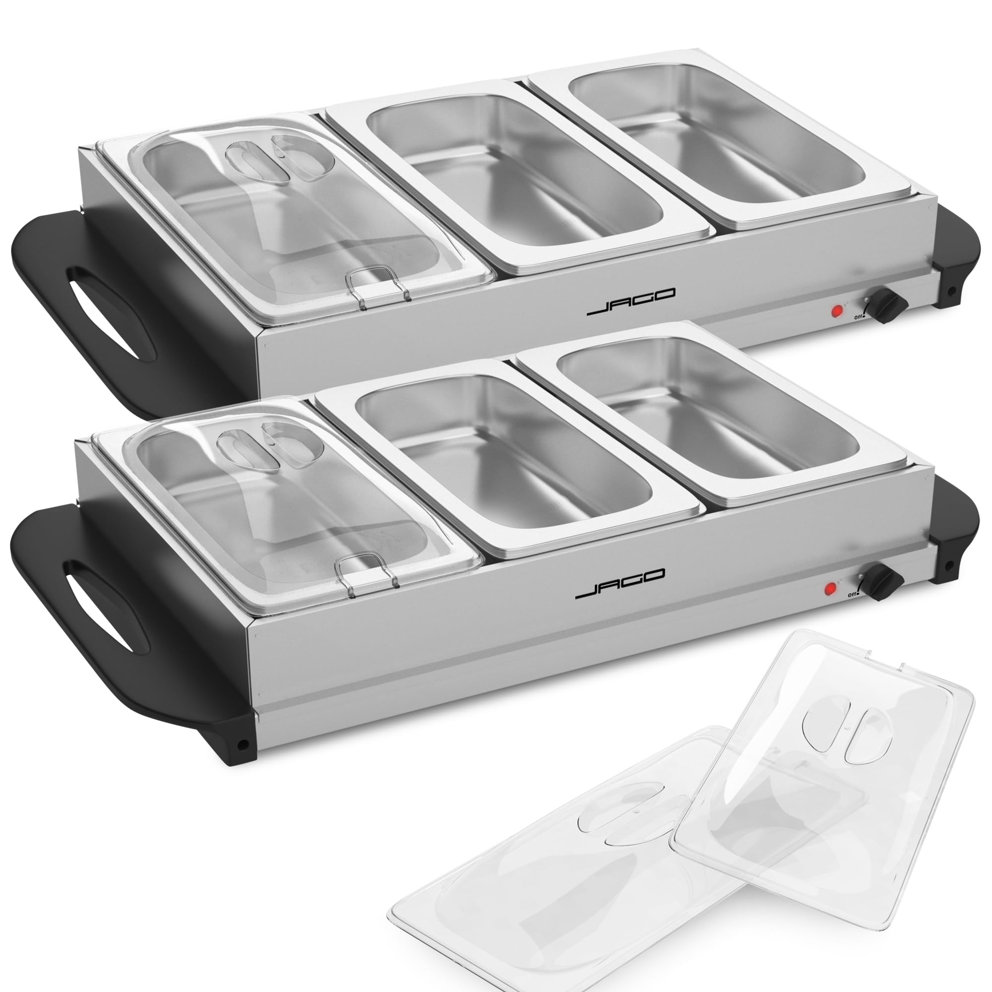 Jago® Calentador Buffet - Set, Eléctrico, Portátil, Acero Inoxidable, Control de Temperatura, 45-85°C, Placas Calefactoras, 3 x 2,5L, Táper - Bandeja para Mantener Alimentos Calientes
