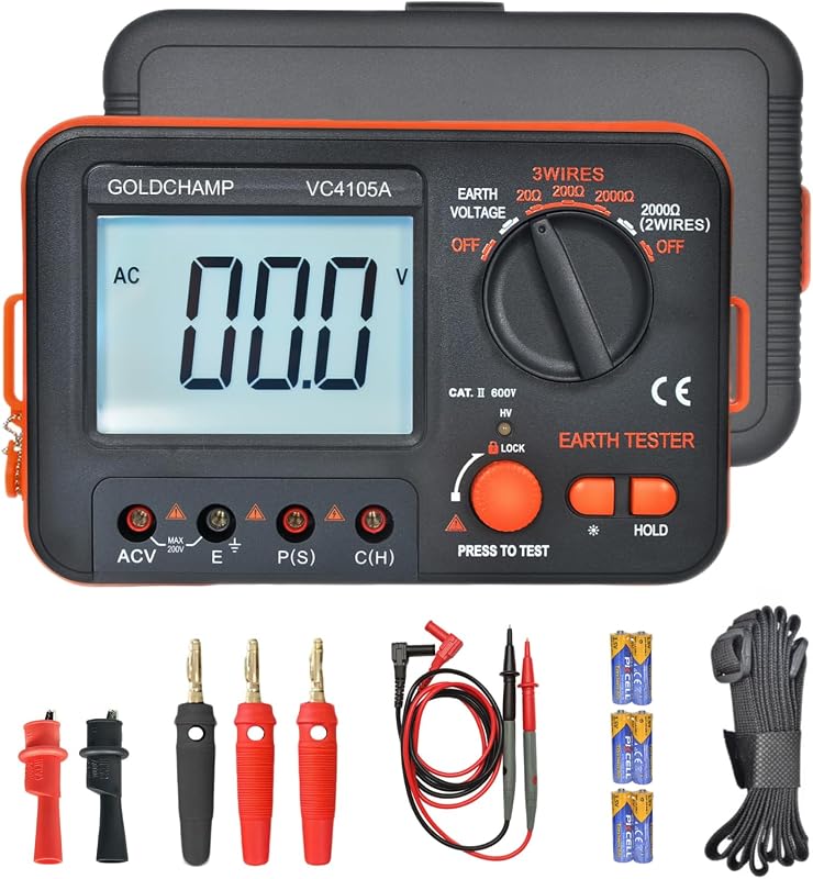 Probador de resistencia a tierra 20/200/2000Ω Medidor digital de voltaje CA | Pantalla LCD retroiluminada, retención de datos y protección contra sobrecarga, probador de seguridad para electricistas, HVAC y trabajadores