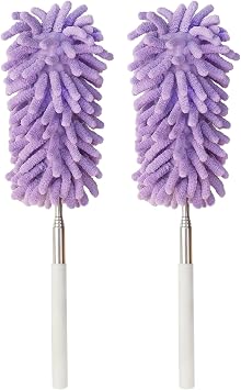 2Pcs Mini Duster for Cleaning, Microfiber Duster with Extendable Pole, Washable Small Duster, Cleaning Tools for Office, Car Interior, Window, Furniture, Computer Purple