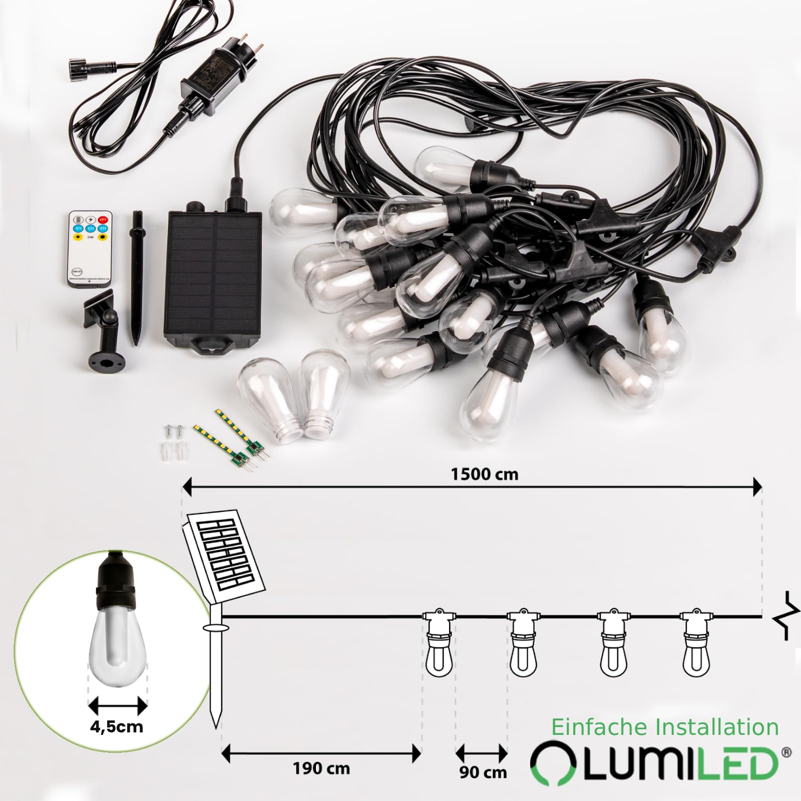 Lumiled Solar Lichterkette Außen Outdoor 15m 15 LED Glühbirnen Flammeneffekt Garten Lichterketten IP65 Wasserdicht 2in1 mit Solarpanel Strom Fernbedienung Beleuchtung Terrasse Balkon Warmweiß Dimmbar