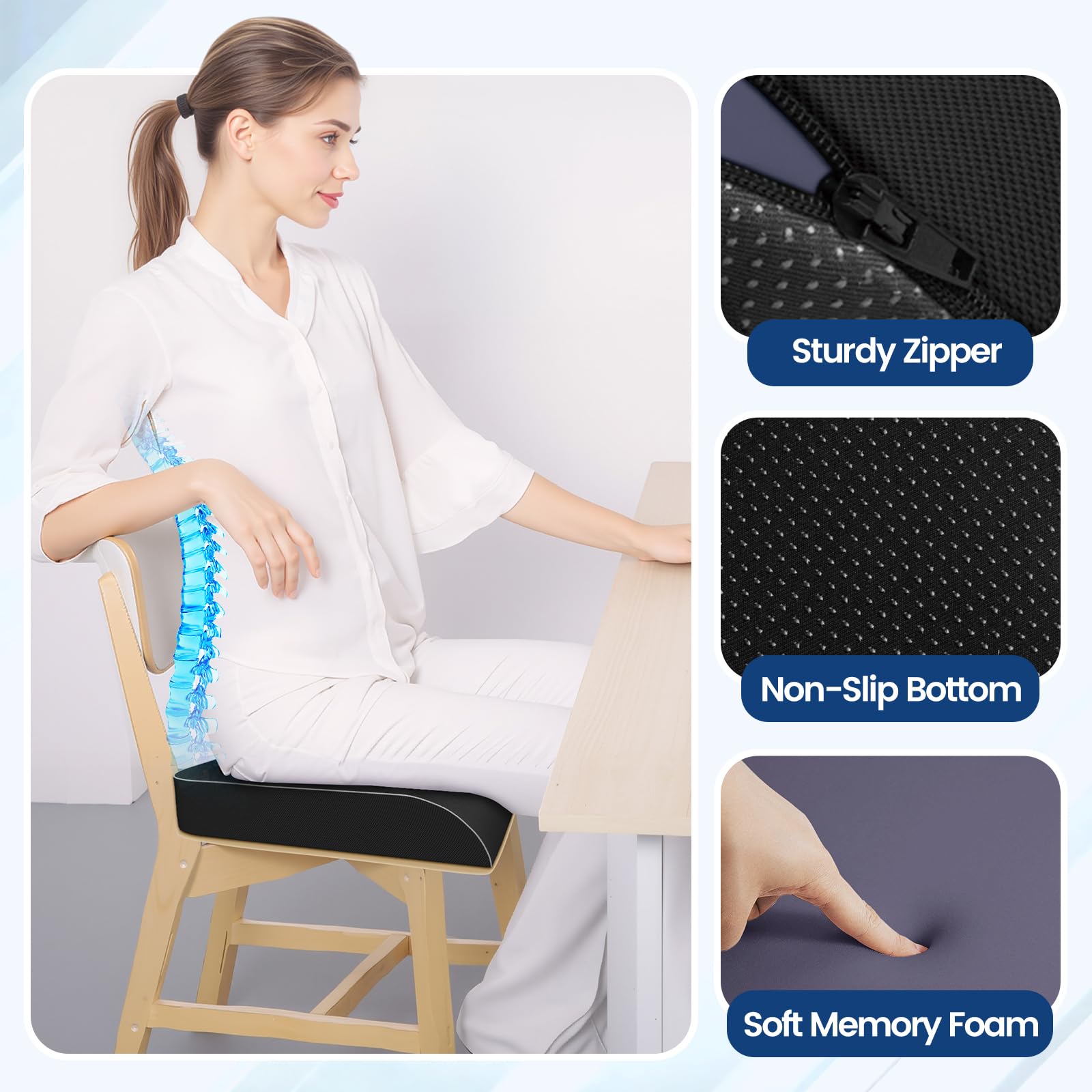 SweetSlubr Seat Cushion for Tailbone Pain Relief Office Chair Cushion Memory Foam Large Chair Cushion with Non-Slip Cover — view 3