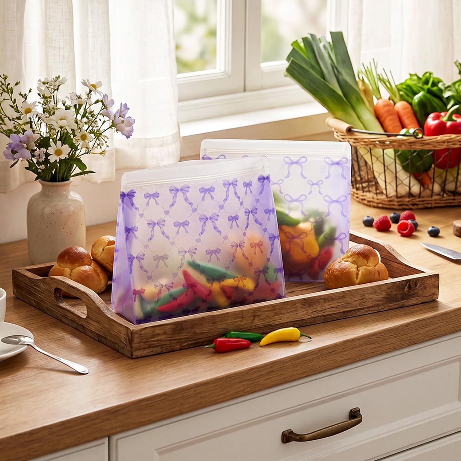 Colarr 3 Pcs Purple Bow School Snack Lunch Bags, Peva Bag