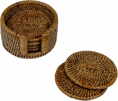 Caspari Rattan Round Coaster and Holder Set in Natural 6 Handwoven Drink Coasters with Matching Holder, Durable Double-Weave Natural Rattan