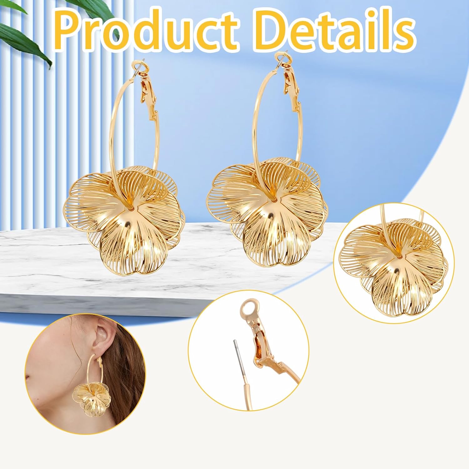 Gold Flower Earrings for Women, Vintage Boho Statement Earrings, Dangle Floral Earring for Women Wedding Jewelry Decoration Supplies Gifts - Image 3