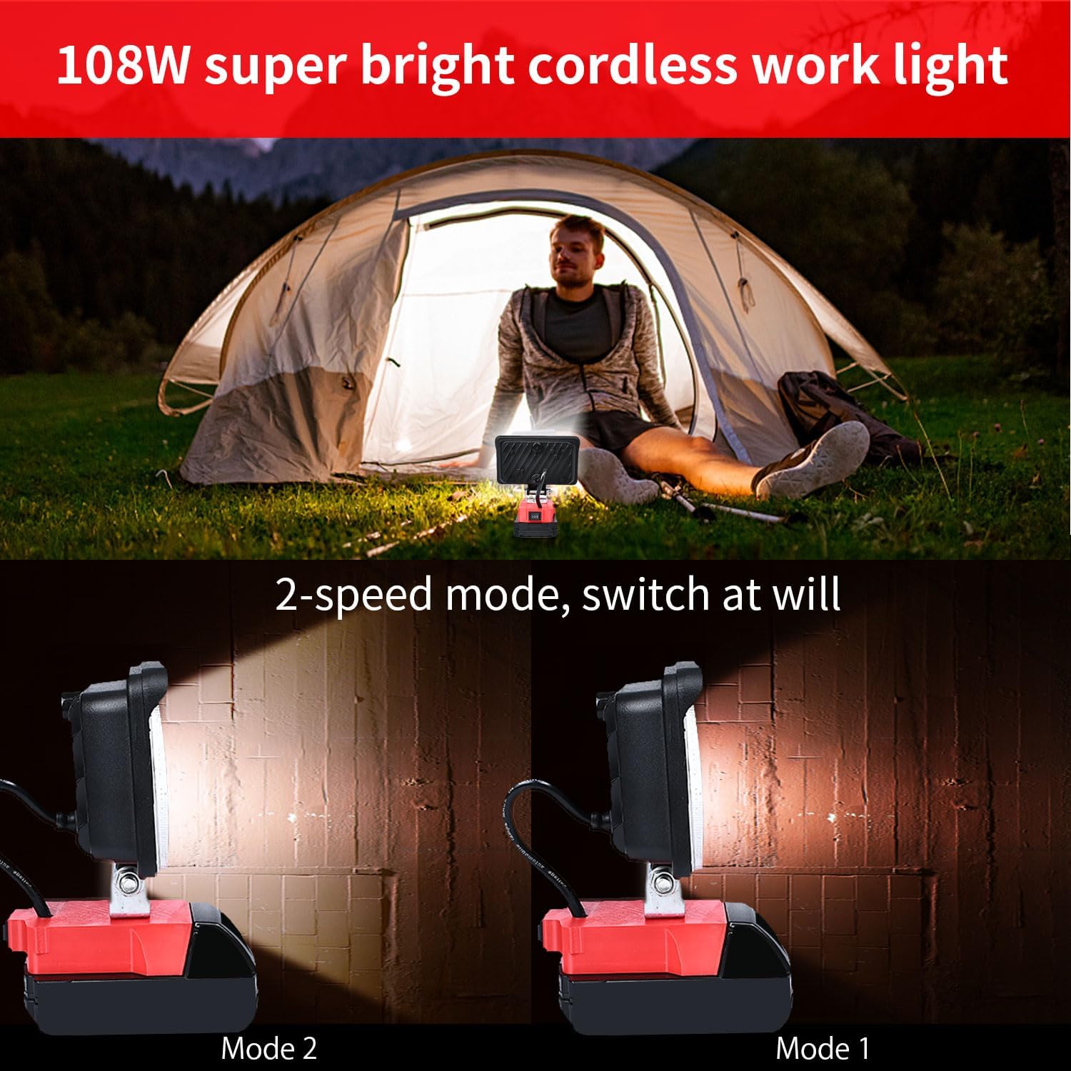 Cordless LED Work Light for Milwaukee 18V Lithium Batteries, 108W 5400LM Adjustable Portable Flood Lights for Job Site Lighting Outdoor Camping Garage Vehicle Lighting【Battery not included】