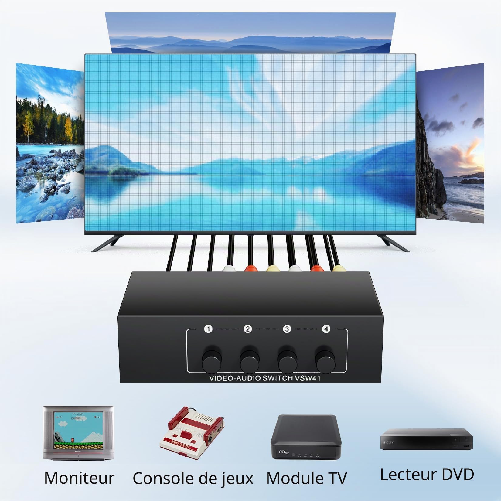 BolAAzuL Commutateur Audio RCA L/R 4 Entrées 1 Sortie, Switch Audio Vidéo Composite L/R Commutateur 4 in 1 Out Sélecteur AV 4 Ports Boîte de Sélection Plug & Play pour Wii PS2 Xbox DVD STB HDTV